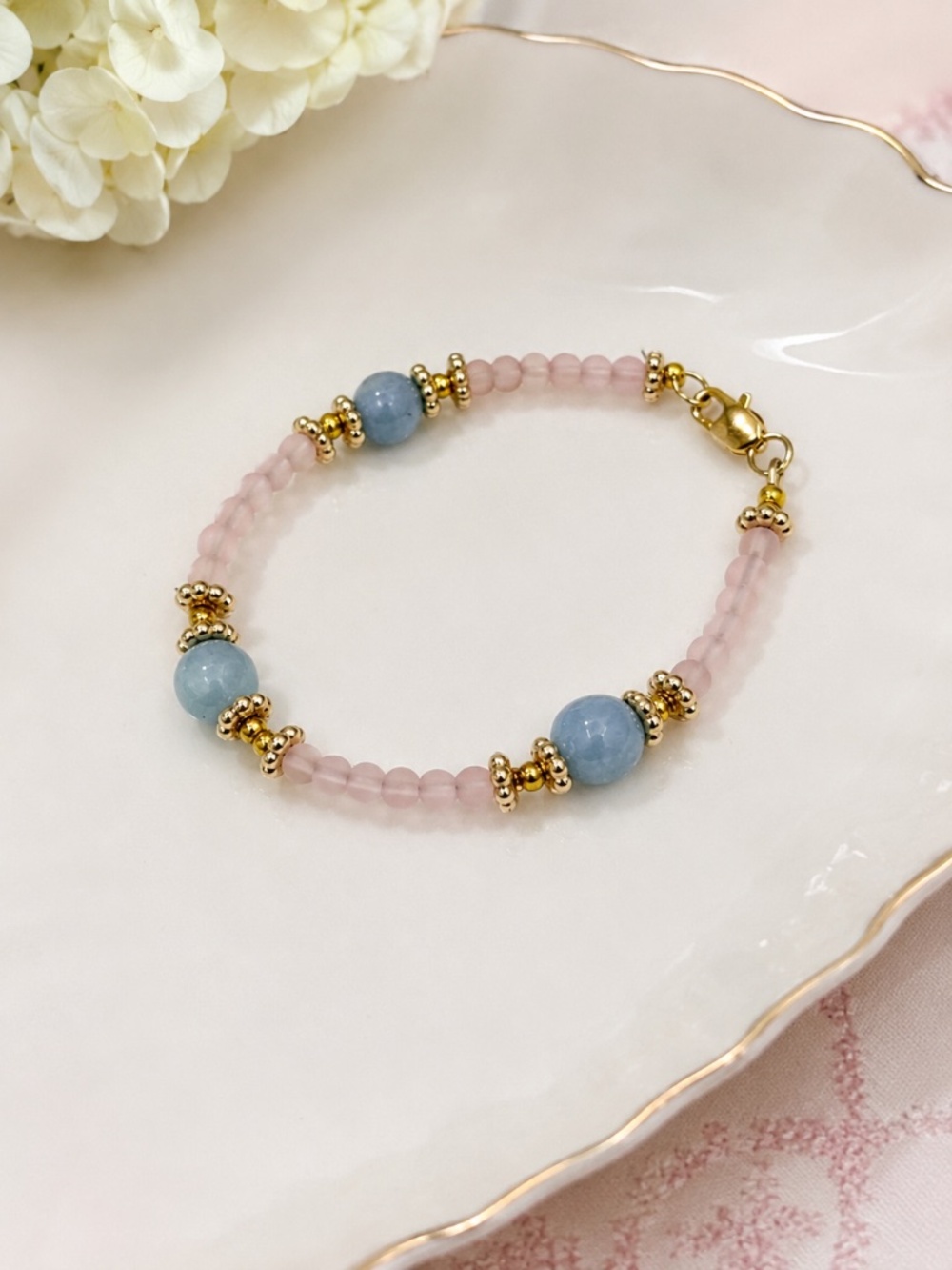 Aquamarine Natural Gemstone Bracelet Gold and Pink Preppy Coquette Handmade 7.5"
